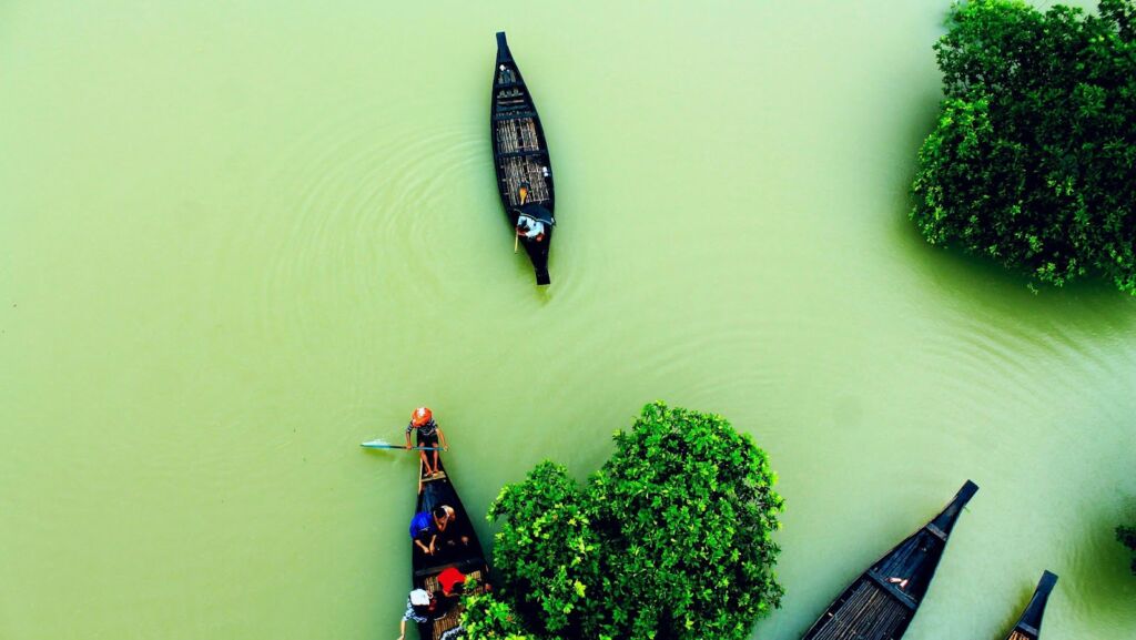An aerial view of three boats with people on a green river surrounded by lush green trees.