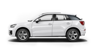 Bangladesh Guided Car rental with interpreter A side view of a white Audi Q2 SUV parked on a white background, with shadows underneath.