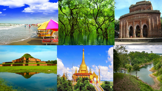 This image shows a collage of six scenic Bangladesh landscapes, including a beach, a flooded forest, temples, and a scenic river valley.