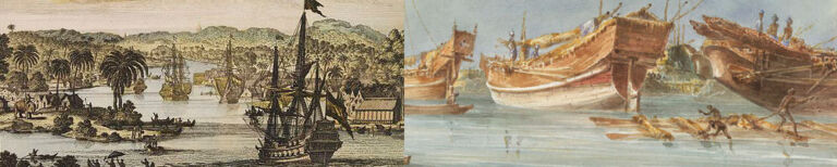 This image depicts two scenes; the first shows ships at harbor with a lush, tropical landscape and local dwellings, the second features ships being constructed or repaired.